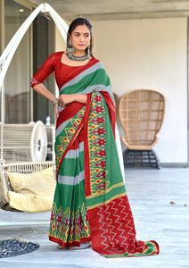 Mal Cotton Hand Block ikat Print Saree