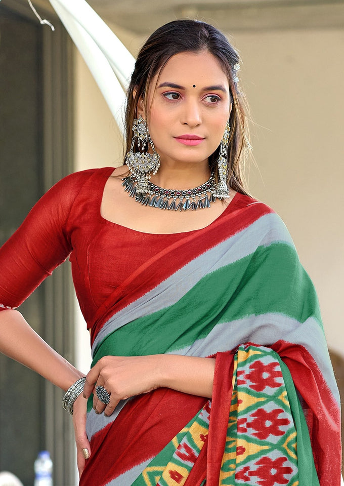 Mal Cotton Hand Block ikat Print Saree