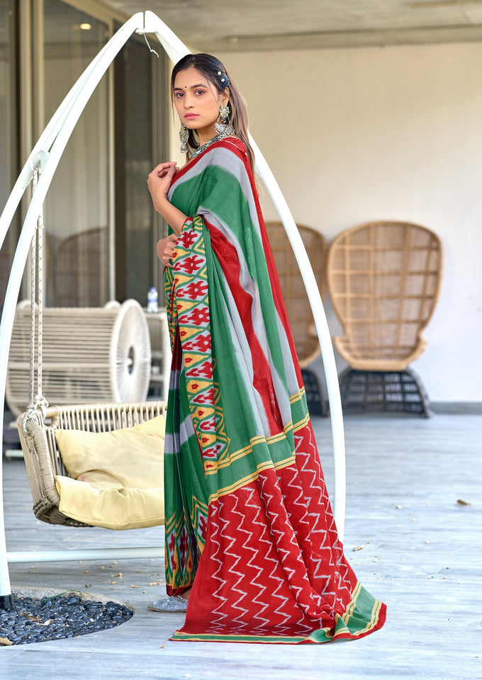Mal Cotton Hand Block ikat Print Saree