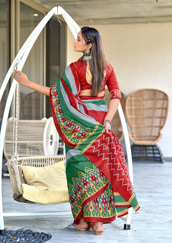Mal Cotton Hand Block ikat Print Saree