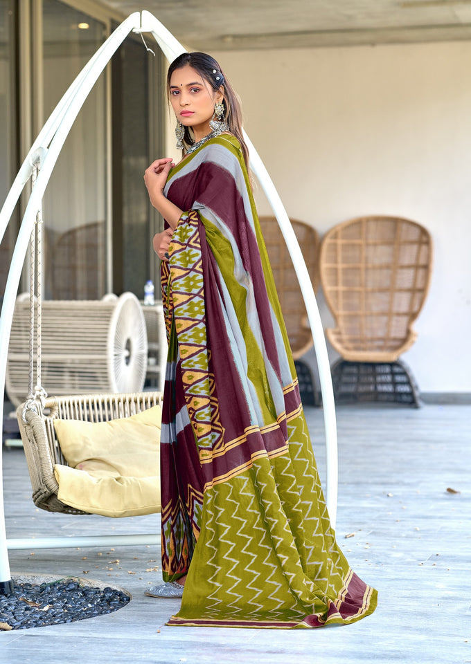 Mal Cotton Hand Block ikat Print Saree