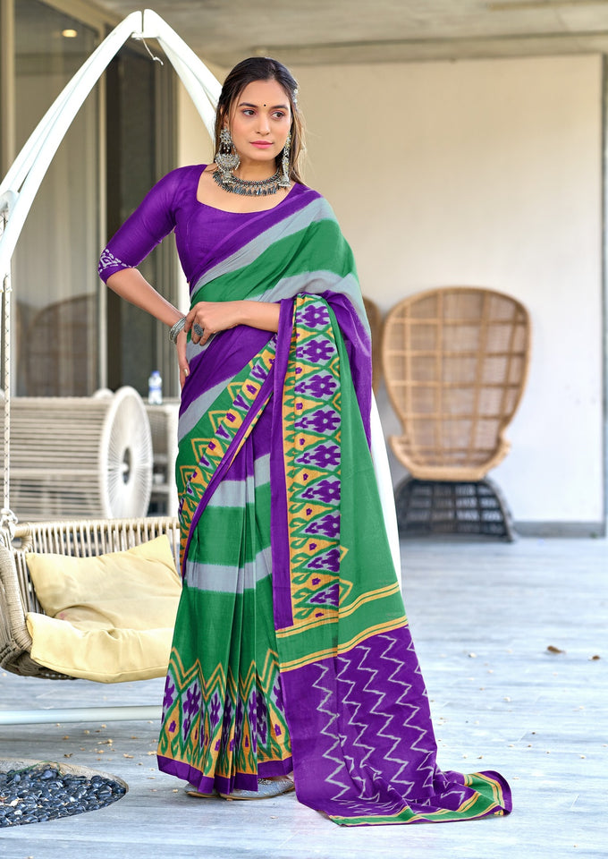 Mal Cotton Hand Block ikat Print Saree