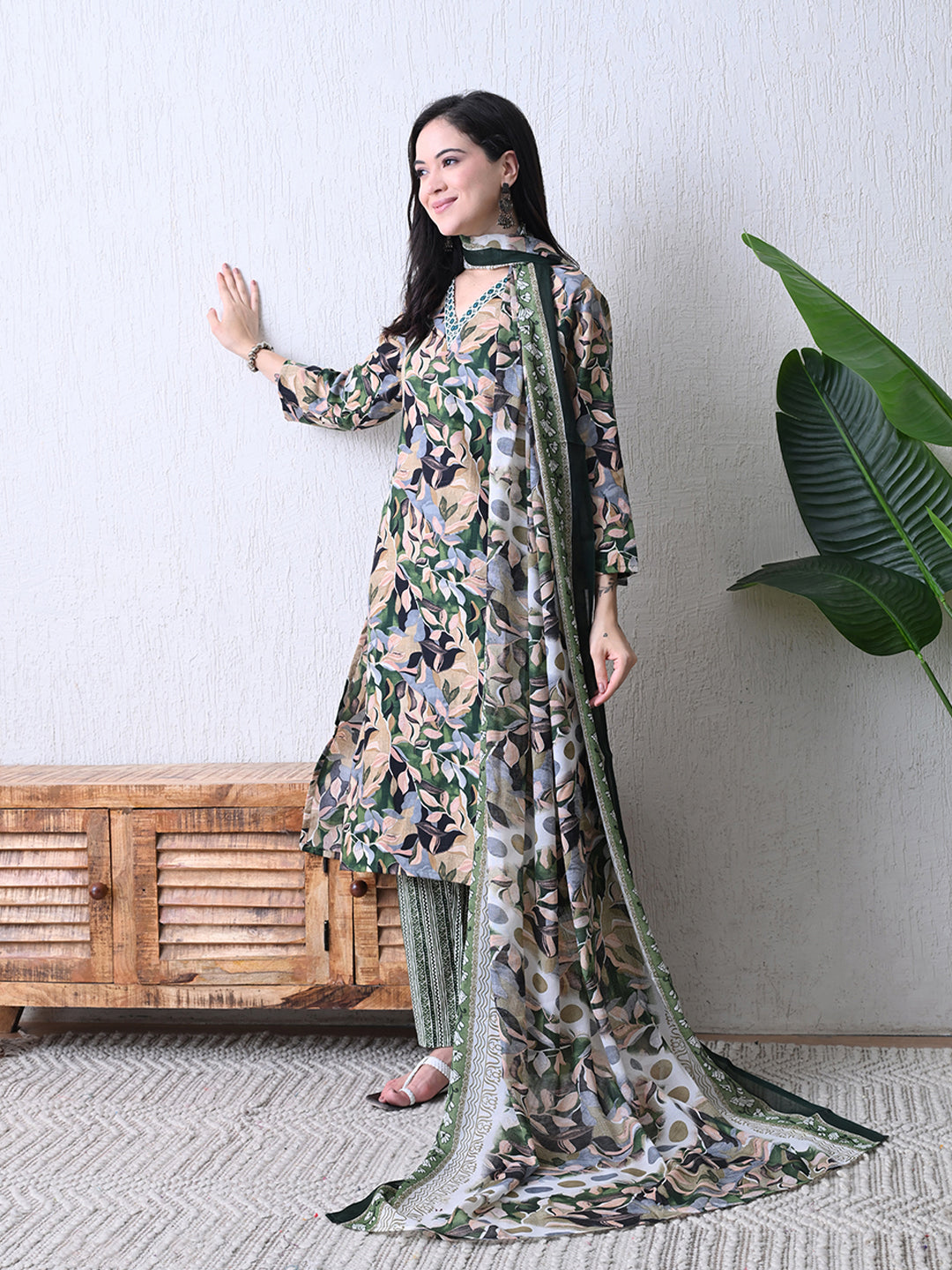 Olive Green Botanical Print 3-Piece Kurta Set with Dupatta