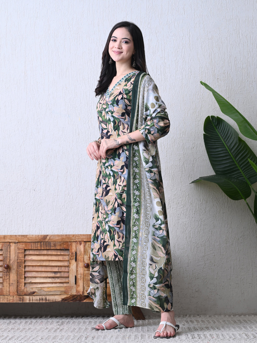 Olive Green Botanical Print 3-Piece Kurta Set with Dupatta