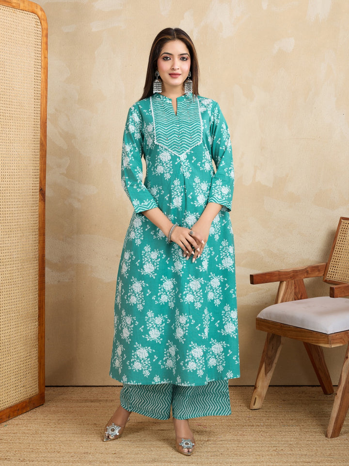Handwork Pure Cotton Printed A-Line Kurta with Trousers Set