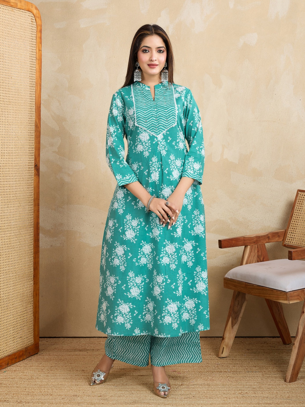 Handwork Pure Cotton Printed A-Line Kurta with Trousers Set