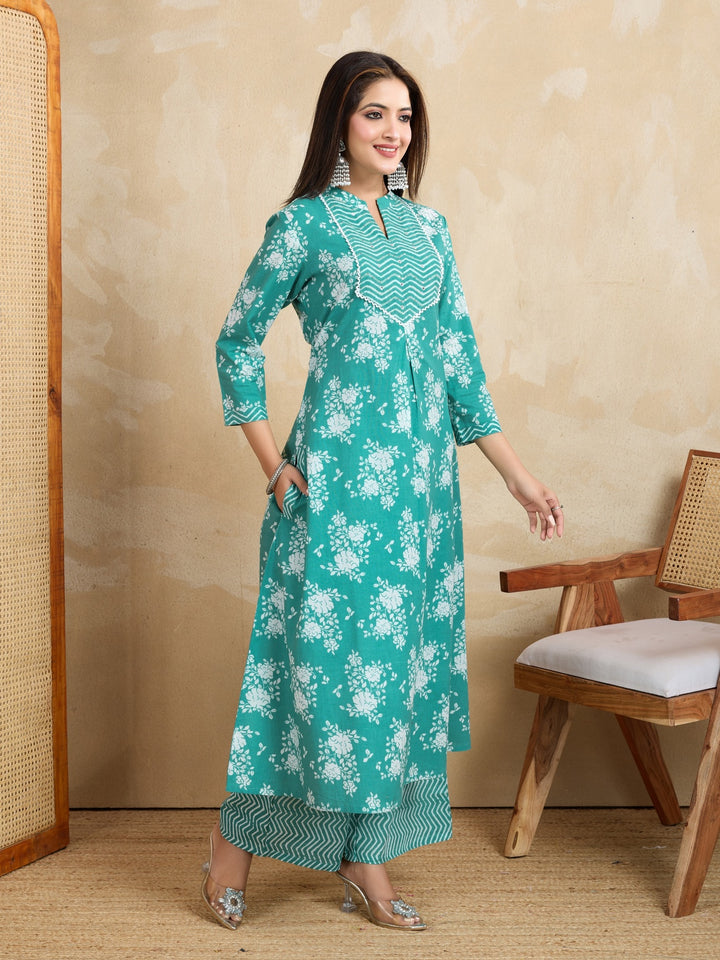 Handwork Pure Cotton Printed A-Line Kurta with Trousers Set