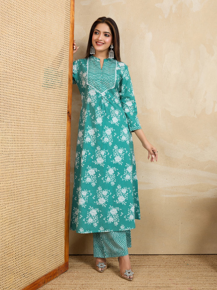 Handwork Pure Cotton Printed A-Line Kurta with Trousers Set