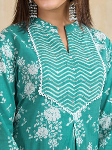 Handwork Pure Cotton Printed A-Line Kurta with Trousers Set