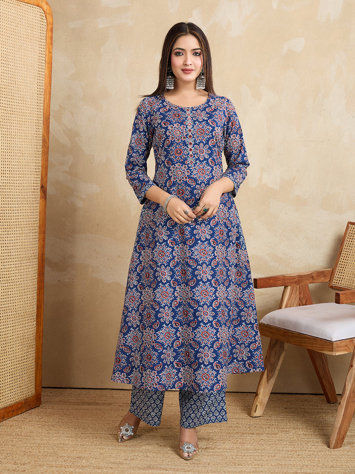 Handwork Pure Cotton Printed A-Line Kurta with Trousers Set