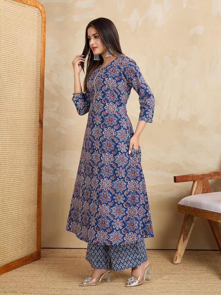 Handwork Pure Cotton Printed A-Line Kurta with Trousers Set