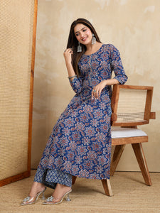 Handwork Pure Cotton Printed A-Line Kurta with Trousers Set