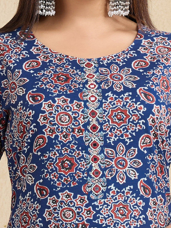 Handwork Pure Cotton Printed A-Line Kurta with Trousers Set