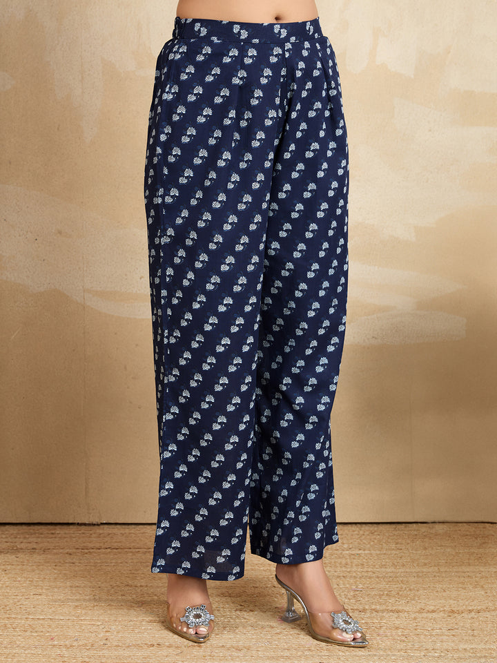 Navy Blue Floral Pure Cotton Kurta with Trousers (2-Piece Set)