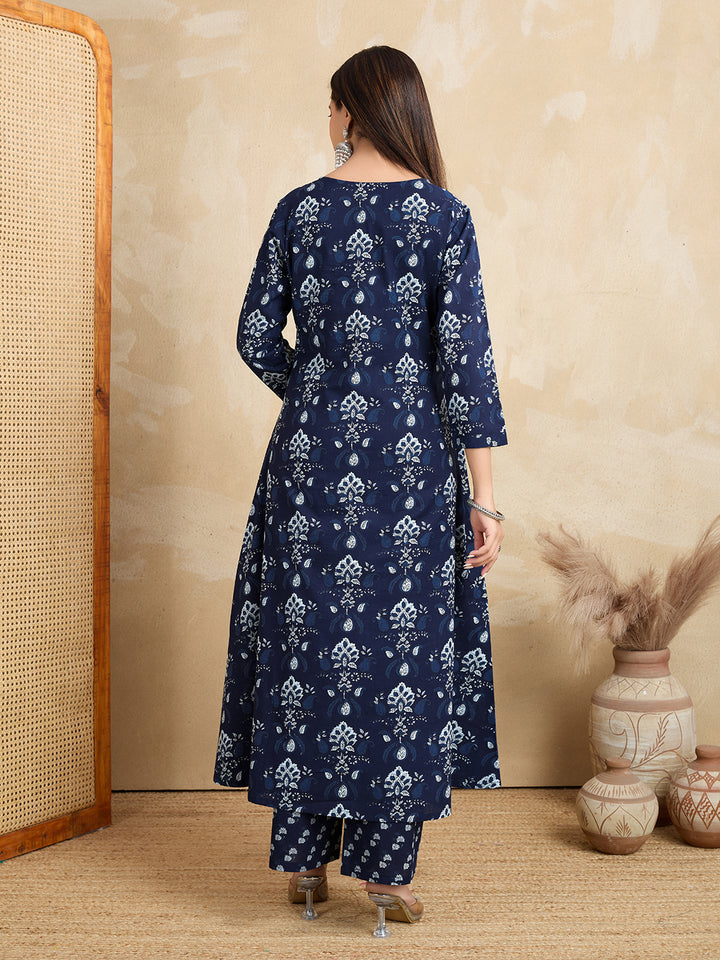 Navy Blue Floral Pure Cotton Kurta with Trousers (2-Piece Set)