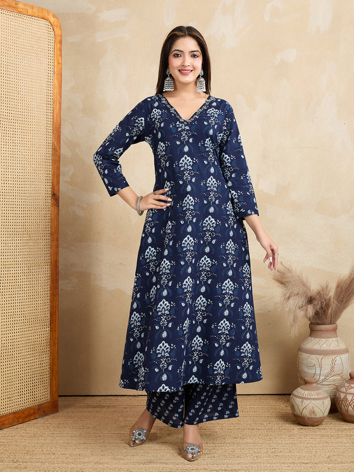 Navy Blue Floral Pure Cotton Kurta with Trousers (2-Piece Set)