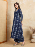 Navy Blue Floral Pure Cotton Kurta with Trousers (2-Piece Set)