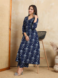 Navy Blue Floral Pure Cotton Kurta with Trousers (2-Piece Set)