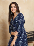 Navy Blue Floral Pure Cotton Kurta with Trousers (2-Piece Set)