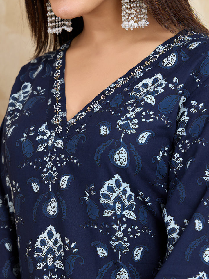Navy Blue Floral Pure Cotton Kurta with Trousers (2-Piece Set)
