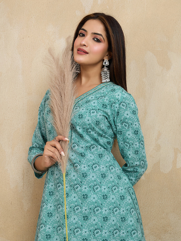 Pure Cotton Printed A-Line Kurta with Trousers Set