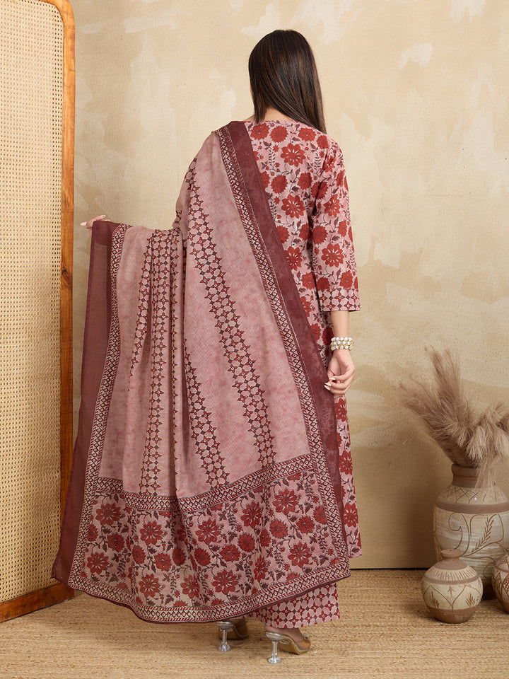 Earthy Rust & Mauve Pure Cotton Block Print Suit Set (3-Piece)