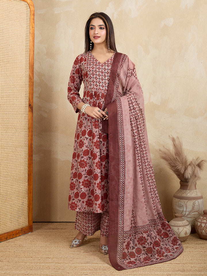 Earthy Rust & Mauve Pure Cotton Block Print Suit Set (3-Piece)