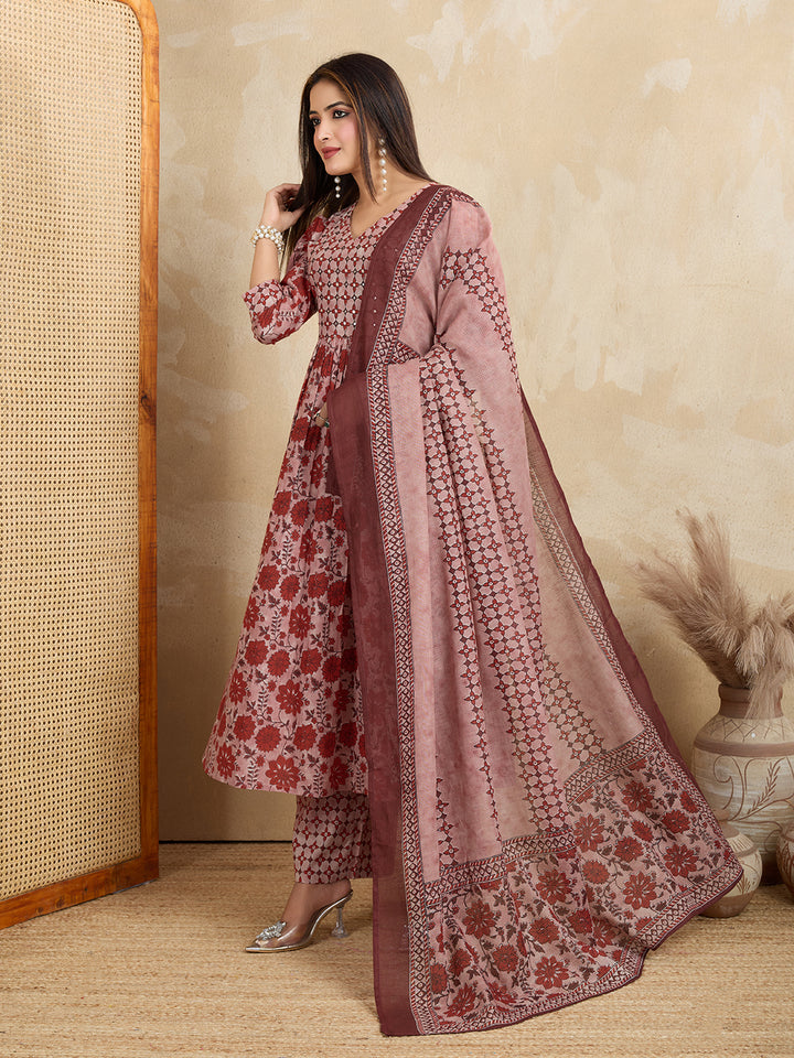 Earthy Rust & Mauve Pure Cotton Block Print Suit Set (3-Piece)