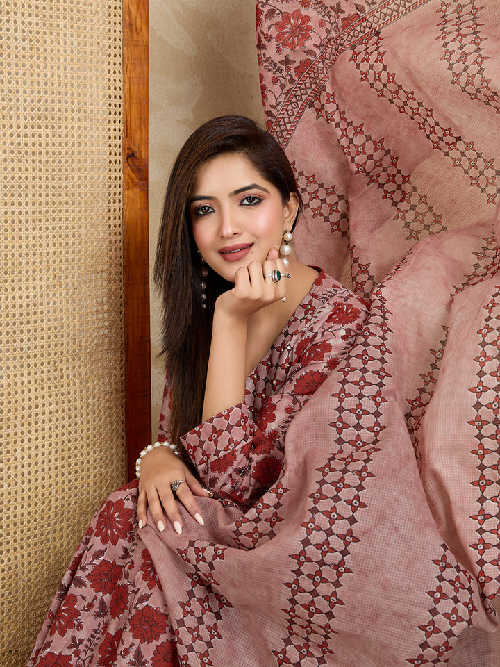 Earthy Rust & Mauve Pure Cotton Block Print Suit Set (3-Piece)