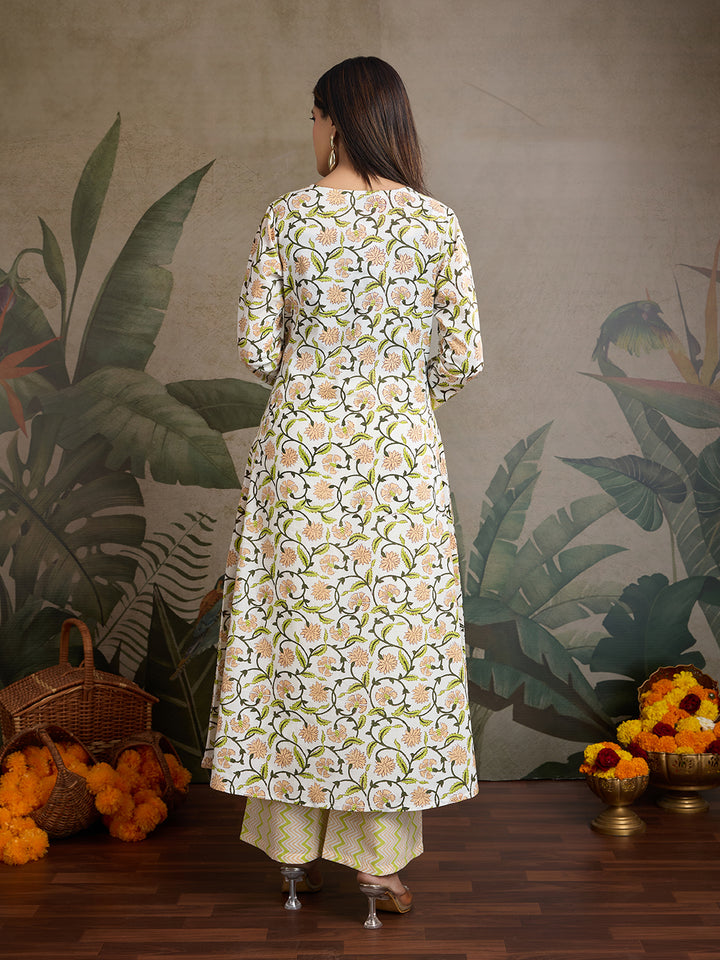 Handwork Pure Cotton Printed A-Line Kurta with Trousers Set