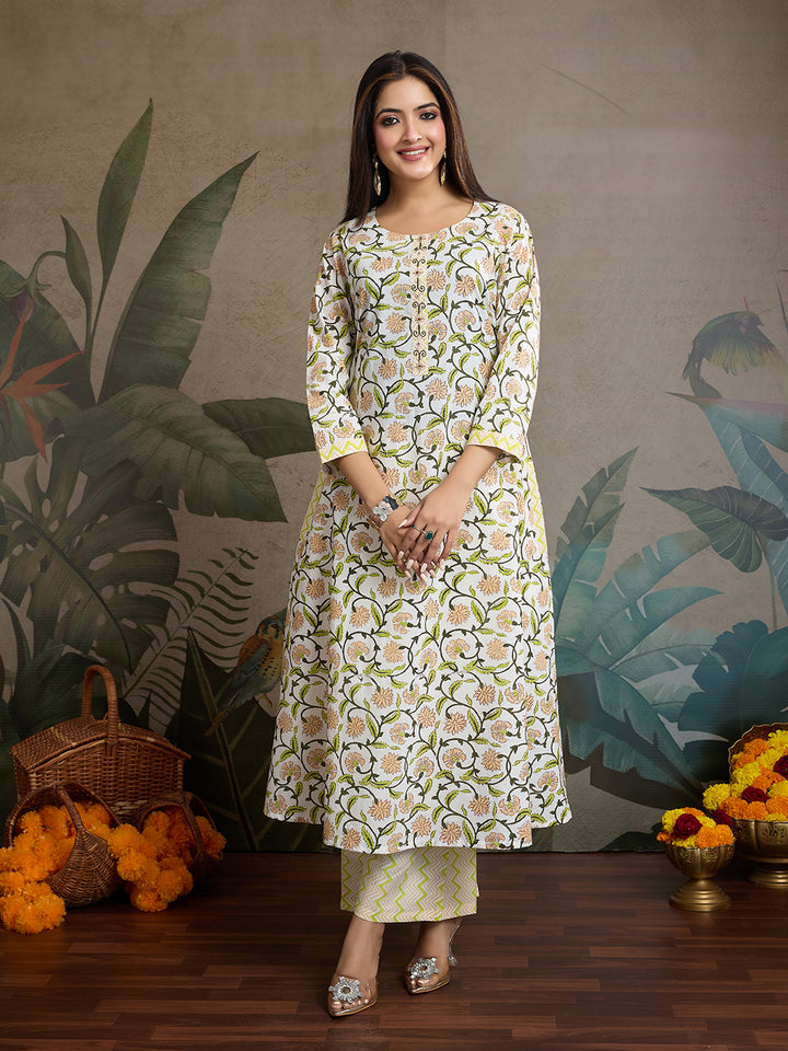 Handwork Pure Cotton Printed A-Line Kurta with Trousers Set