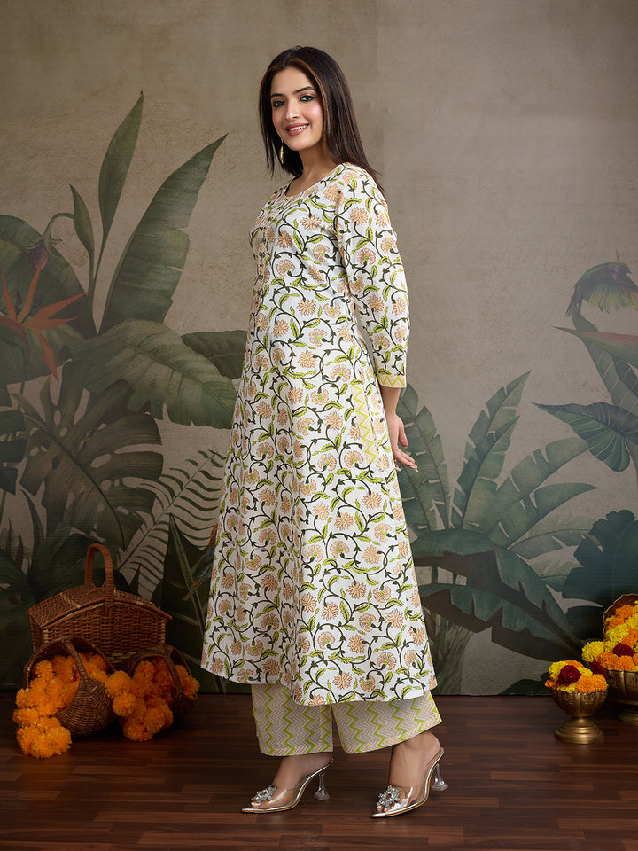 Handwork Pure Cotton Printed A-Line Kurta with Trousers Set