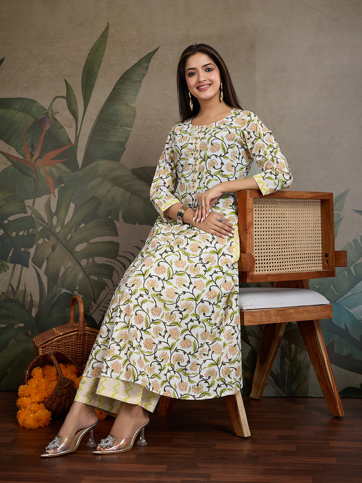 Handwork Pure Cotton Printed A-Line Kurta with Trousers Set