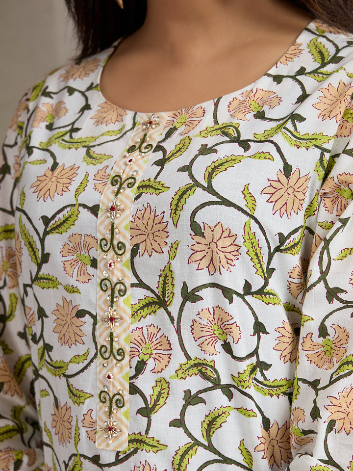 Handwork Pure Cotton Printed A-Line Kurta with Trousers Set