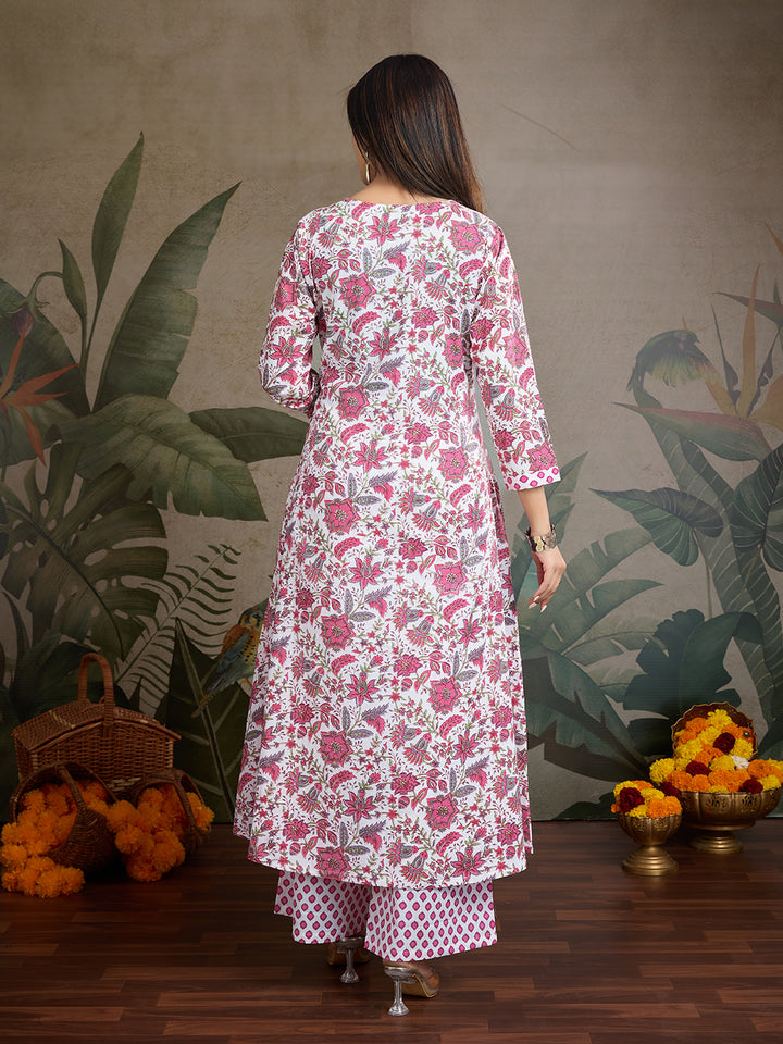 Blush Pink & White Floral Pure Cotton A-Line Kurta Set