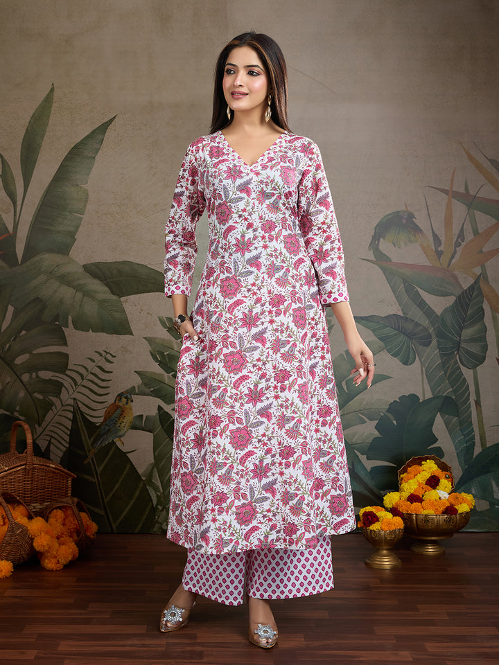 Blush Pink & White Floral Pure Cotton A-Line Kurta Set