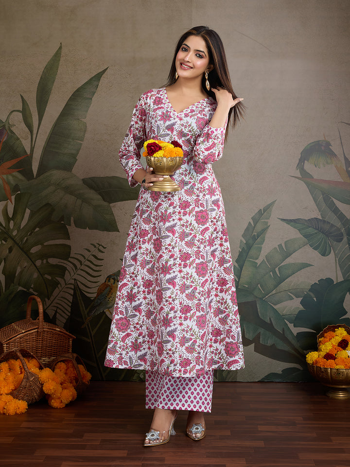 Blush Pink & White Floral Pure Cotton A-Line Kurta Set