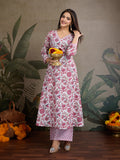 Blush Pink & White Floral Pure Cotton A-Line Kurta Set