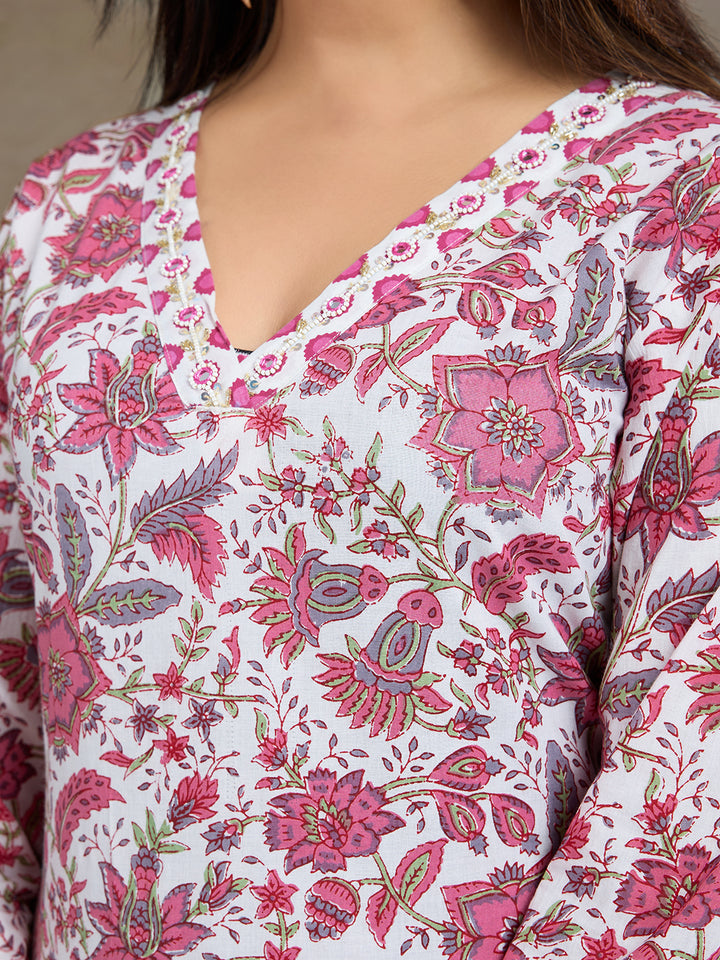 Blush Pink & White Floral Pure Cotton A-Line Kurta Set