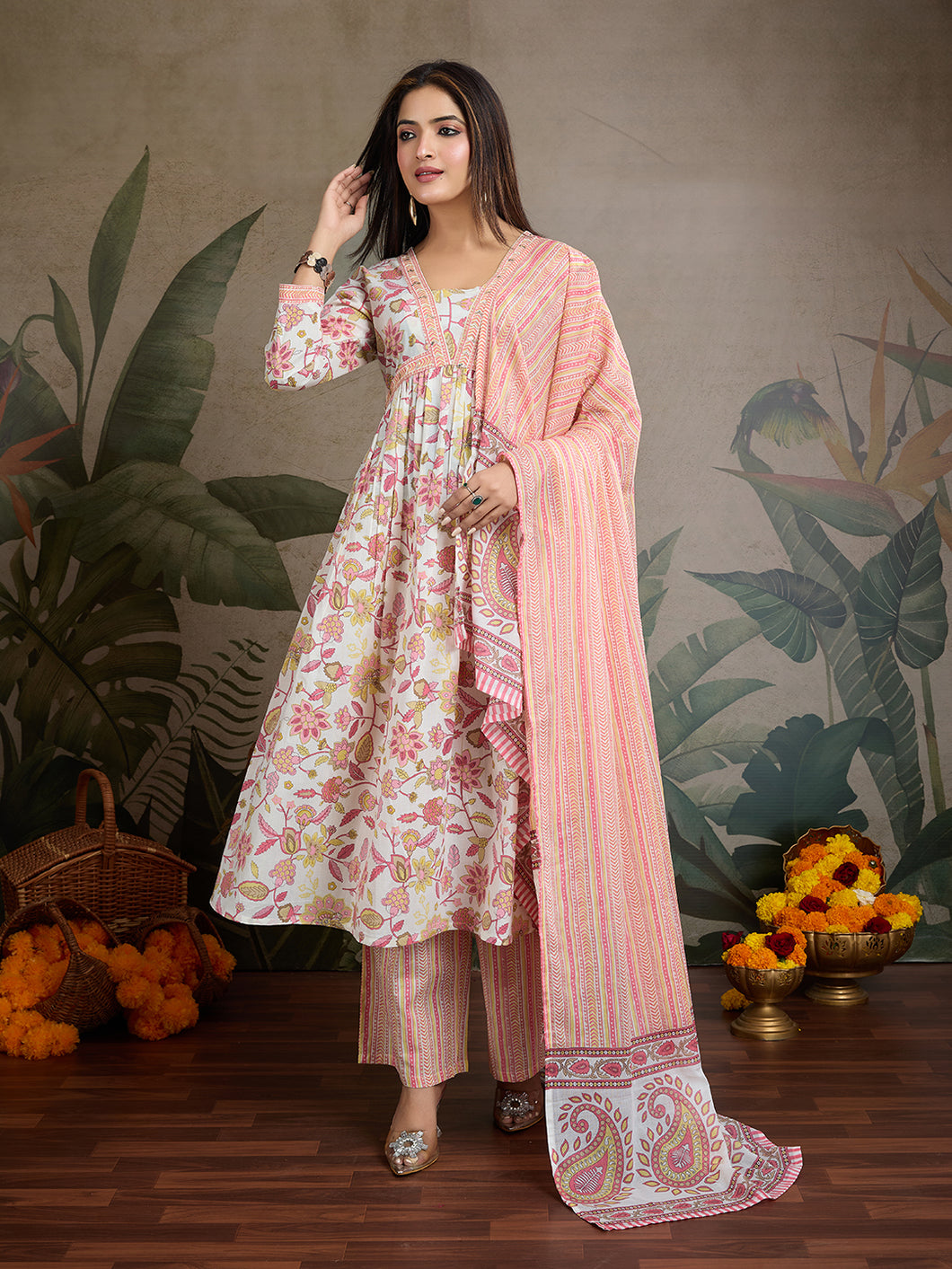 Sweet Pastel Dream: Pure Cotton Floral Anarkali Set (3-Piece)