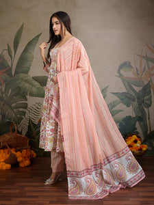 Sweet Pastel Dream: Pure Cotton Floral Anarkali Set (3-Piece)