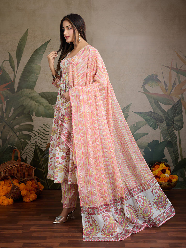 Sweet Pastel Dream: Pure Cotton Floral Anarkali Set (3-Piece)