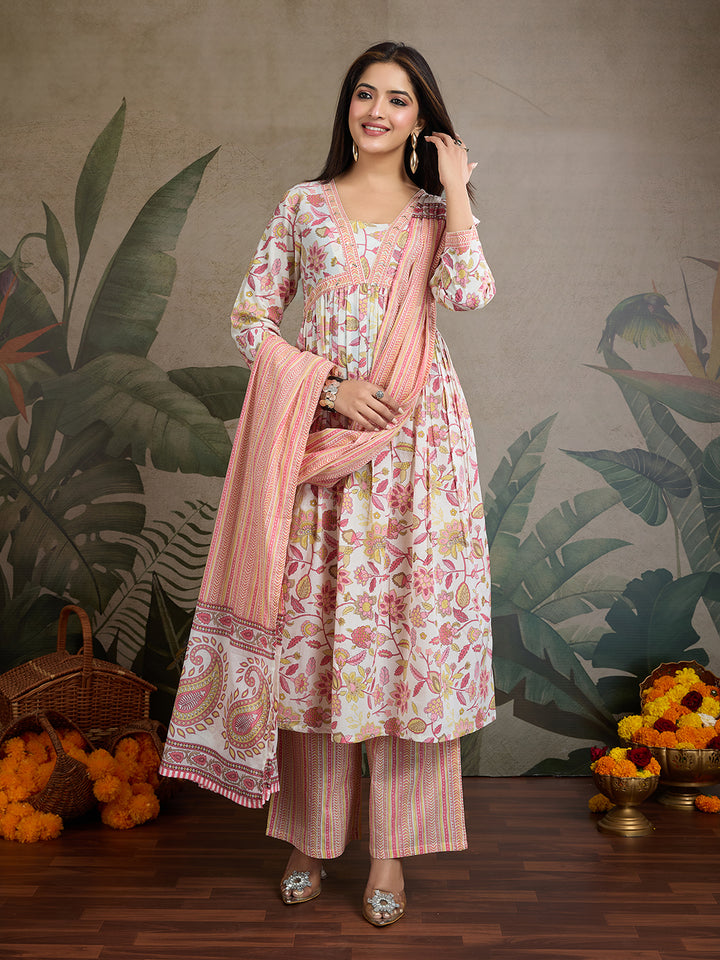 Sweet Pastel Dream: Pure Cotton Floral Anarkali Set (3-Piece)