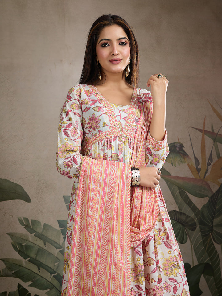 Sweet Pastel Dream: Pure Cotton Floral Anarkali Set (3-Piece)
