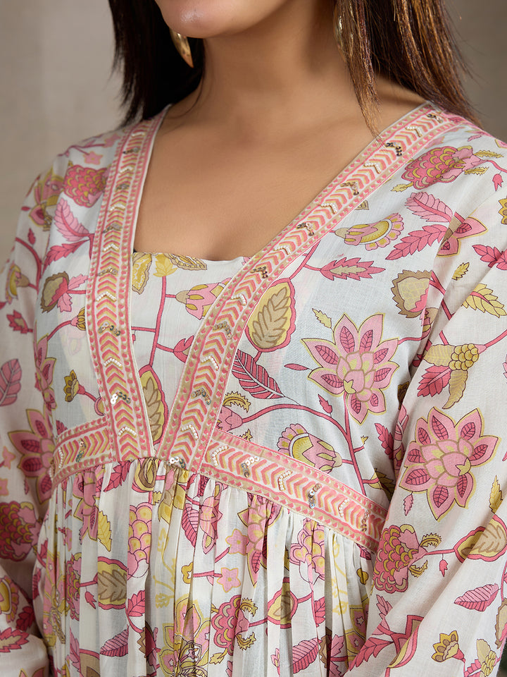 Sweet Pastel Dream: Pure Cotton Floral Anarkali Set (3-Piece)