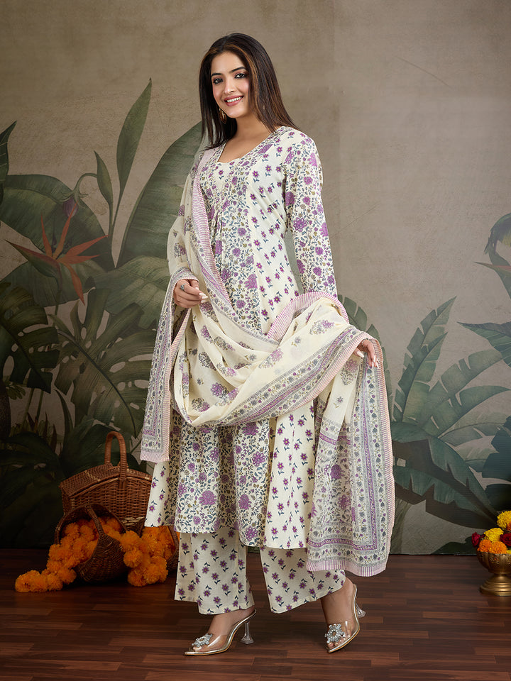 Sunshine & Sparkle: Pure Cotton Mirror Work Anarkali Set (3-Piece)