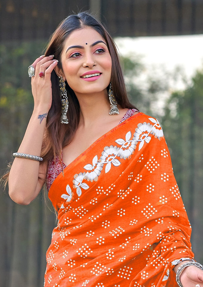 Hand Block Print Pure Mal Cotton Fabric in Elegant Orange