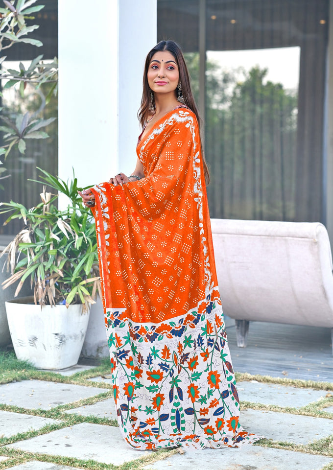 Hand Block Print Pure Mal Cotton Fabric in Elegant Orange