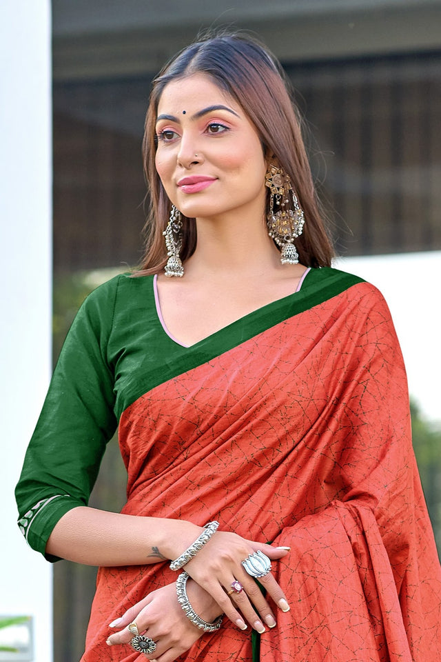 Hand Block Print Pure Mal Cotton Fabric Saree