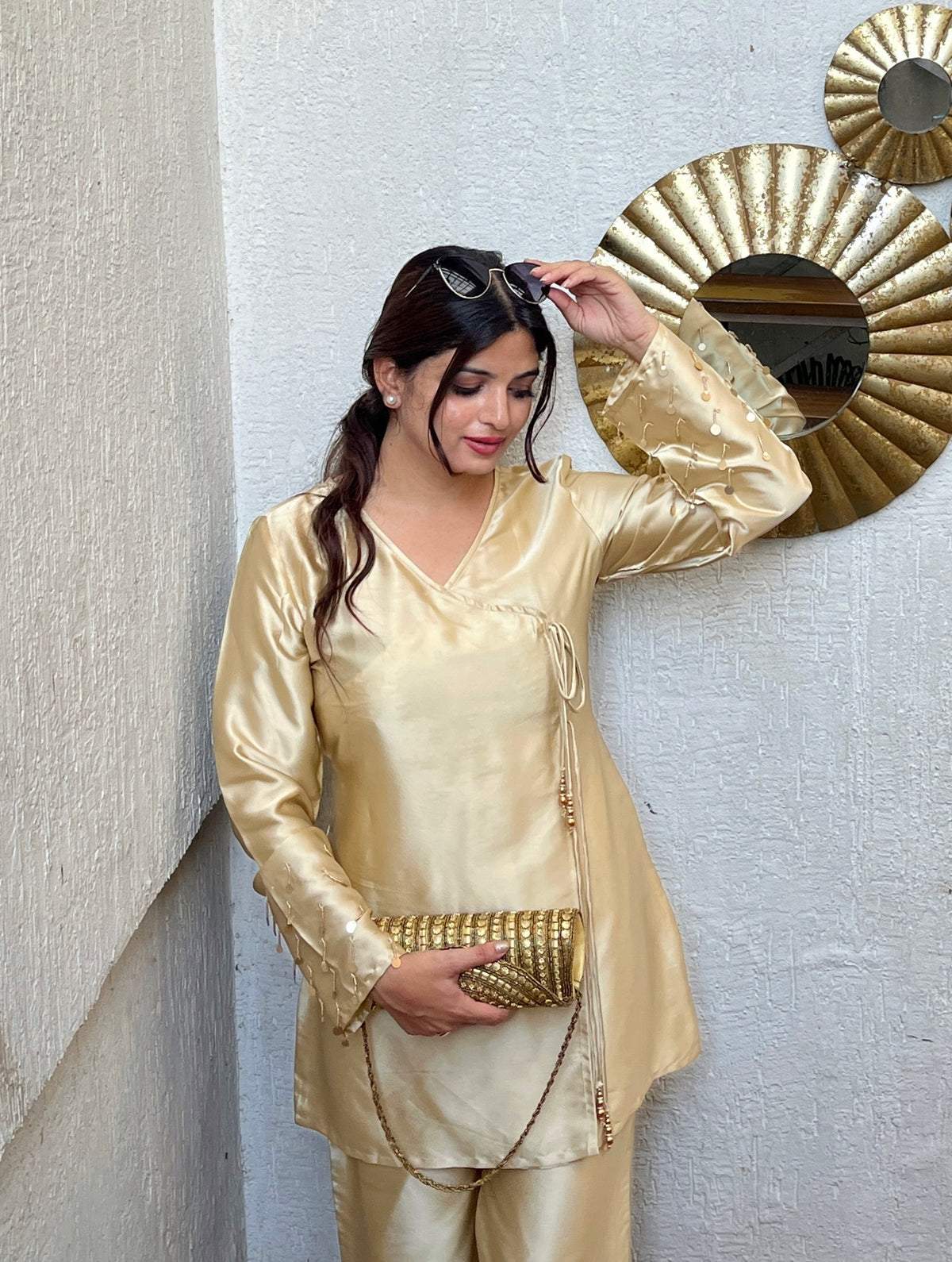 Gold Silk-Based Handwork Kurti Set